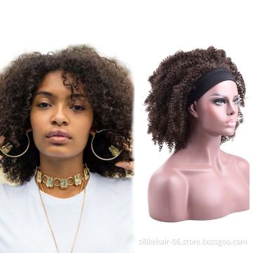 Cheap 14inch Cosplay Black Brown African Fluffy Short Wrap Hair Headband Pre-attached Scarf Afro Kinky Curly Synthetic Wigs